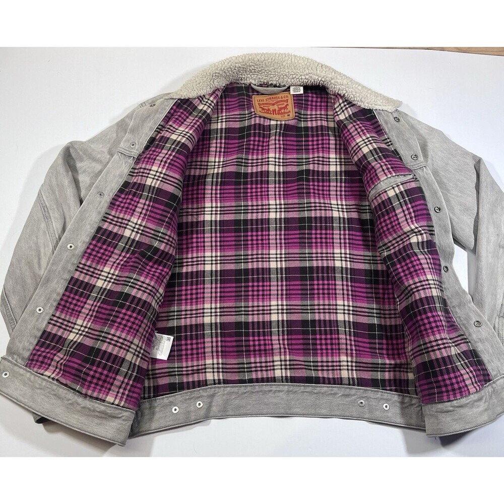 Levi's Flannel Lined Washed Gray Denim Trucker Jacket Sherpa Collar Women's Med - Picture 10 of 13